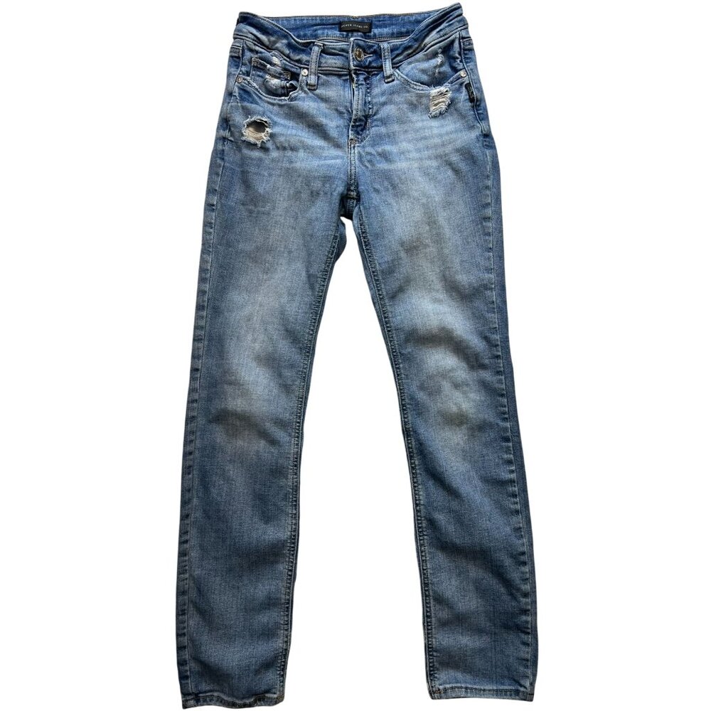 Silver Jeans Co. Women Straight Leg Distressed Jeans W25/L31 Stretch Denim Blue